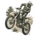 Create a tattoo showcasing a farmer riding a motocross bike through a lush, nature-filled landscape tattoo design idea