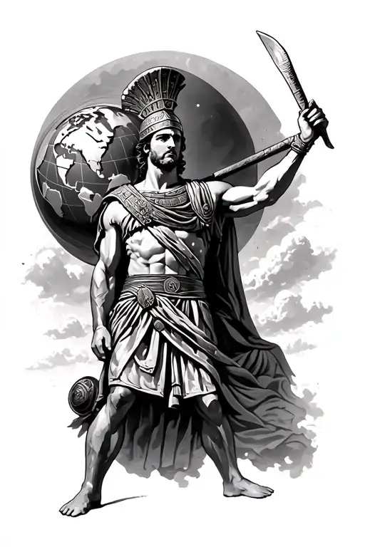 roman gladiator inside of the colosseum. Roman diety Atlas in the sky  holding up the world. tattoo design idea