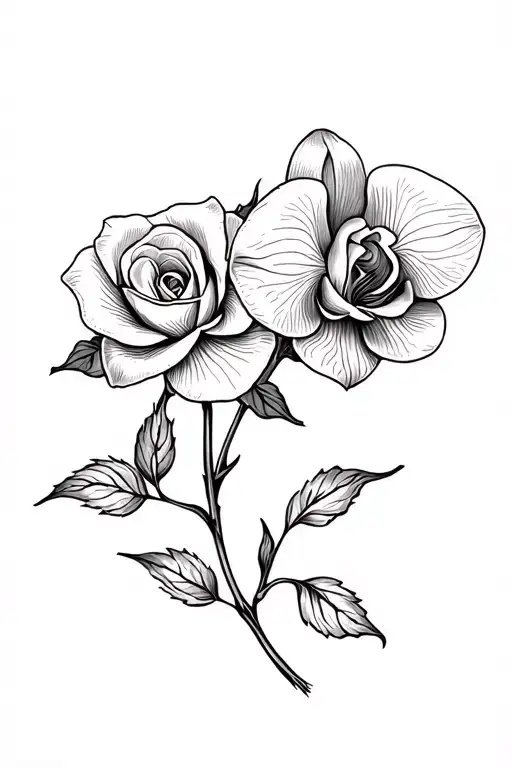 Small tattooing black and white with two flowers intertwining: a rose with the stem and an orchid with the stem tattoo design idea