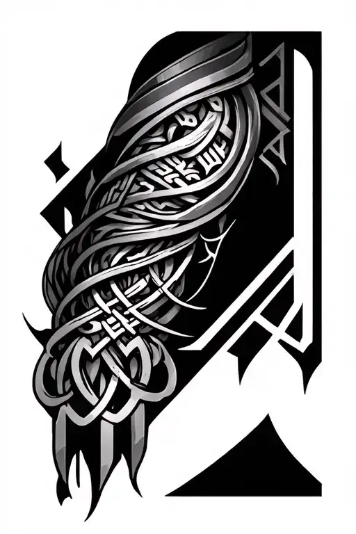 Tattoo type of sleeve, it should include patterns from geometric shapes, chains and Gothic runes. All must be in one tattoo design idea