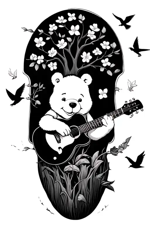 pooh bear guitar trees blossoms birds flying tattoo design idea