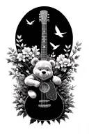 pooh bear guitar trees blossoms birds flying tattoo design idea