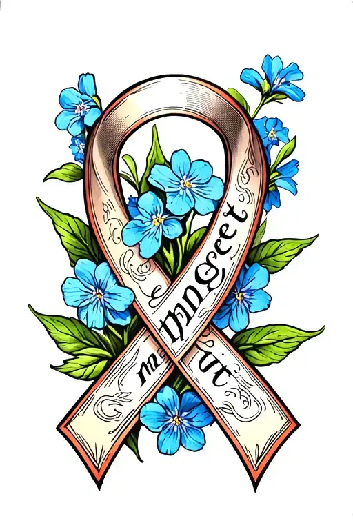alzheimers ribbon wrapped around forget me not flowers tattoo design idea