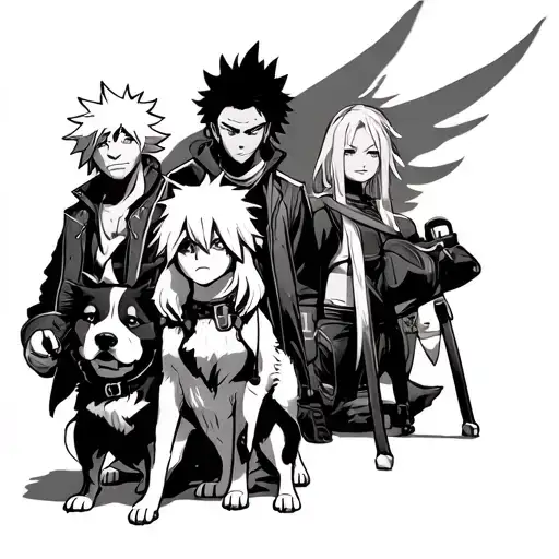 Tengan from demon slayer, bakugo from my hero, choso from Jjk, zoro from one piece, and then anya with her dog from spy  tattoo design idea