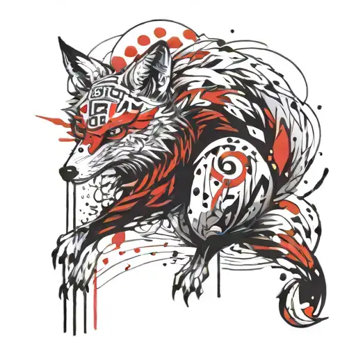 9 tailed fox with red accents with a sleek elegant face tattoo design idea