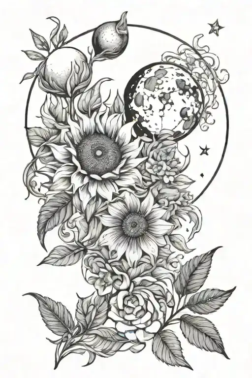 Botanical and celestial with moon and sun line drawing tattoo design idea