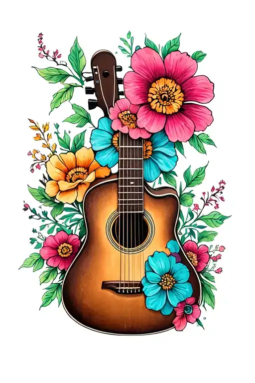 acoustic guitar with painted flowers tattoo design idea