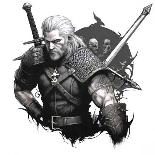 witcher with 2 swords tattoo design idea