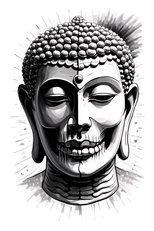 Buddha face morphing half skeleton tattoo design idea