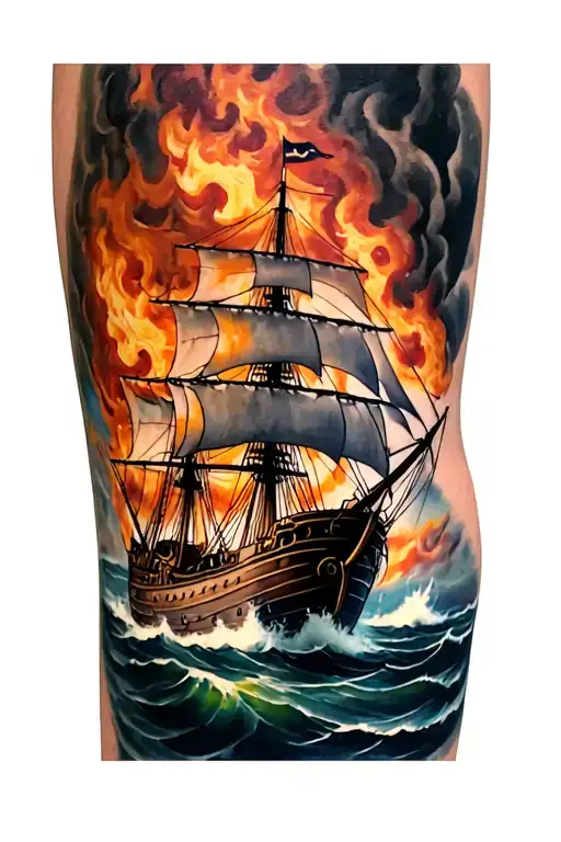 Spanish galleon on fire tattoo design idea