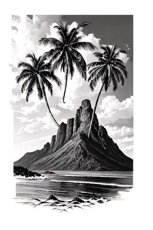 Table Mountain and palm trees in South Africa outlined tattoo tattoo design idea