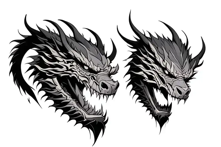 Oni Mask with skeletal eastern dragon on left side and imperial eastern dragon on the right side tattoo design idea