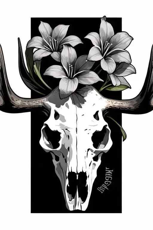 photorealistic Moose Skull with photo realistic Alstroemeria flowers protruding from top of skull tattoo design idea