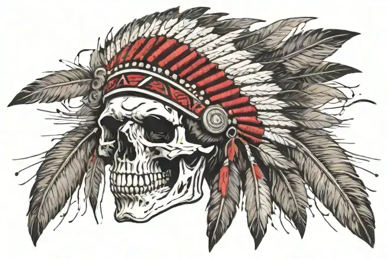 skull wearing a native American headdress made out of machine guns with a war zone in the background  tattoo design idea