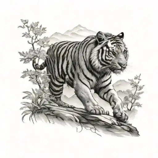 A stunning tattoo concept of a tiger prowling through a mountain landscape, with black-grey shading to add depth and realism to the majestic scene of nature and wildlife tattoo design idea