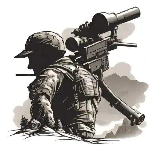 SNIPER TAKES AIM IN THE FOREGROUND AND IN THE BACKGROUND ARE MOUNTAINS AND A MILITARY HELICOPTER tattoo design idea