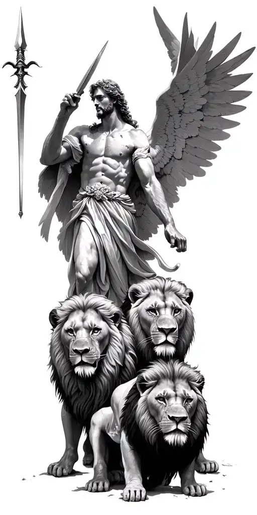 Angel Gabriel with a spear defeating evil and protecting a family of three lions tattoo design idea