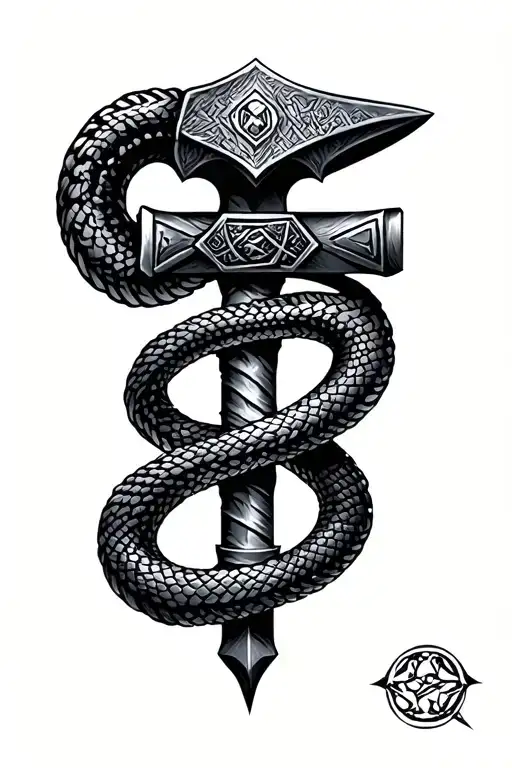 Nordic hammer with snake wrapped black grey tattoo tattoo design idea