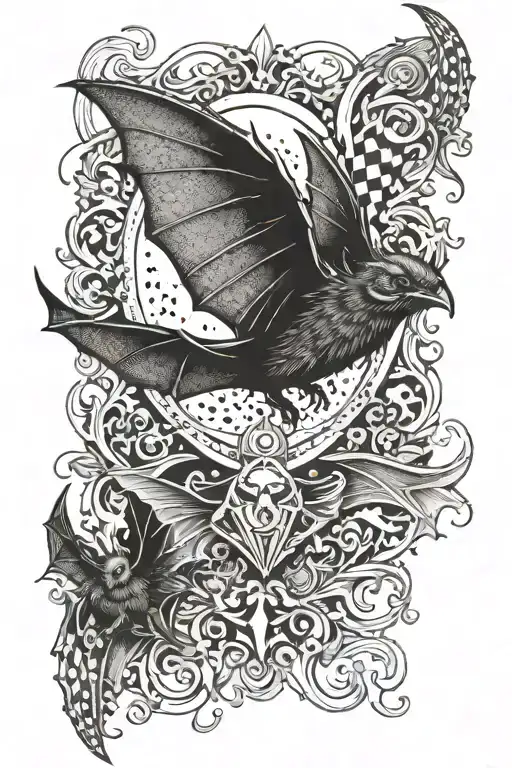 bats, fallen angel, letter G, all-seeing eye tattoo design idea