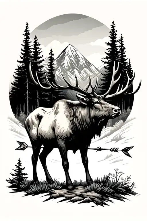 forest scene featuring a standing bull elk with mountains and arrow heads hidden in the scenery tattoo design idea