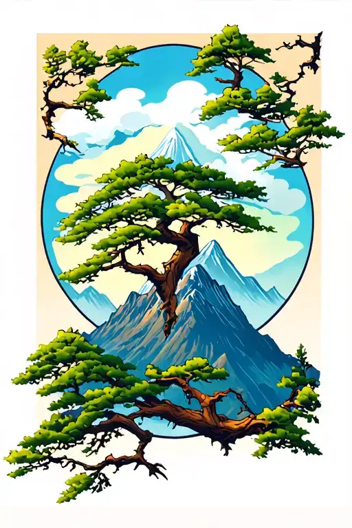 Tree branches and gree mountain tattoo design idea