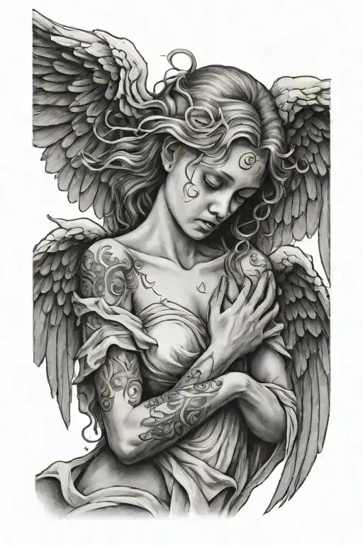 angel with broken wings crying tattoo design idea