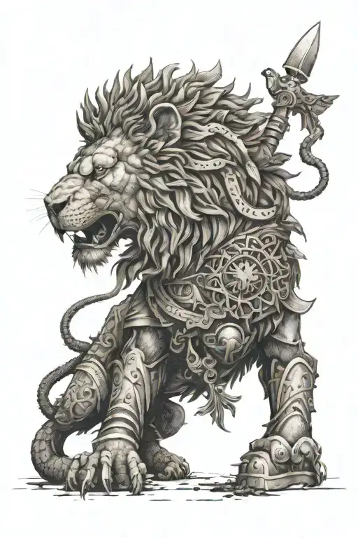 An intricate dotwork design of a lion and eagle in combat, with a military helmet and boots scattered around them tattoo design idea