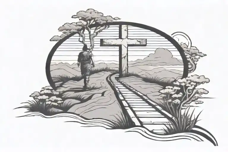 Person Walking Down A Path Towards An Outline On A Cross Tattoo tattoo design idea