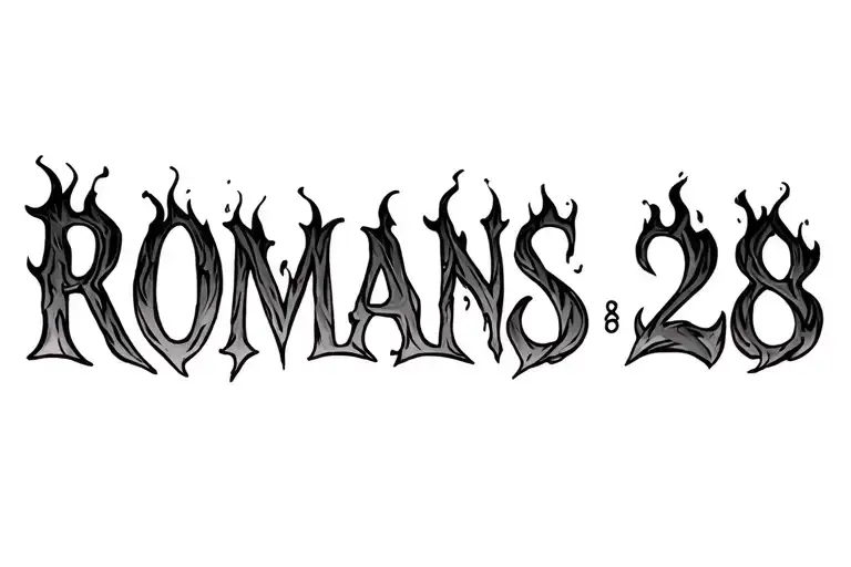 Romans 8:28 in fire flames tattoo design idea