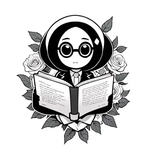 overwatch pachimari reading a book open in front with roses surrounding it and him wearing a mini suit with glasses tattoo design idea