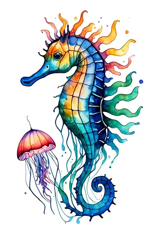 Aquatic and beachy with kelp, a swimming seahorse, a jellyfish, and a coral reef tattoo design idea