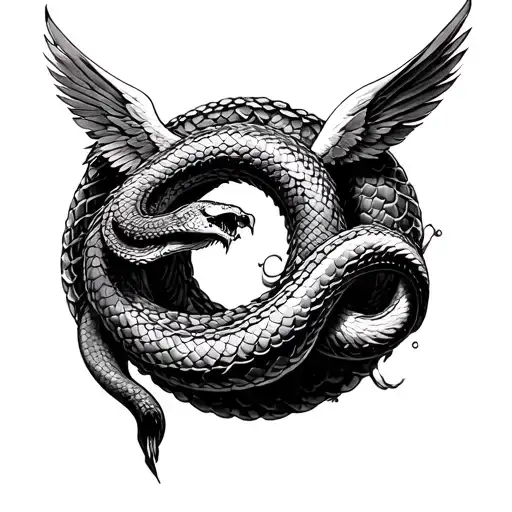 A circular Ouroboros (snake biting its tail) scales that shift from feathers to stone. Add falling icarus and Sisyphus tattoo design idea