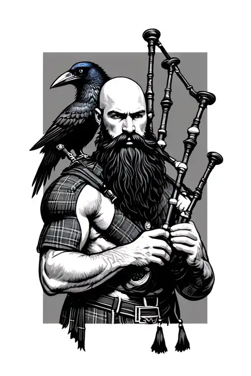 bald bagpiper with black beard with crow featherd muscular body with a mans head and hands playing blackbagpipes tattoo design idea