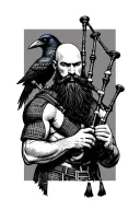 bald bagpiper with black beard with crow featherd muscular body with a mans head and hands playing blackbagpipes tattoo design idea
