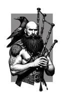 bald bagpiper with black beard with crow featherd muscular body with a mans head and hands playing blackbagpipes tattoo design idea