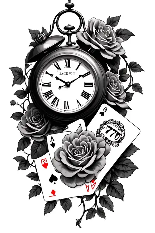 Clock with roses and vines and cards showing 777 with a jackpot tattoo design idea