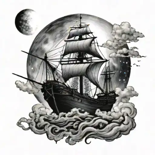 black pearl ship infront of moon tattoo design idea