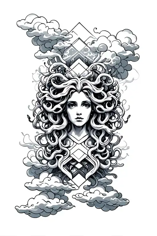 medusa and clouds surrounding tattoo design idea