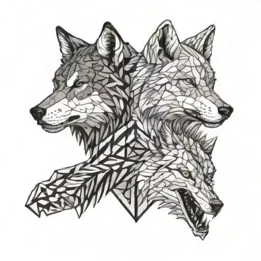 looking split opposite two wolf's heads one angry black second white quiet tattoo design idea