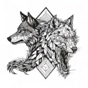 looking split opposite two wolf's heads one angry black second white quiet tattoo design idea