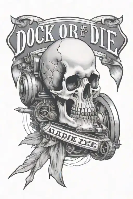 a skulll with an army tank and a banner saying dock or die  tattoo design idea