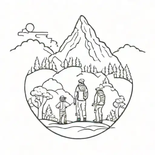 A minimalist design of a family of 4 hiking through the mountains of Cocora Valley in Colombia tattoo design idea