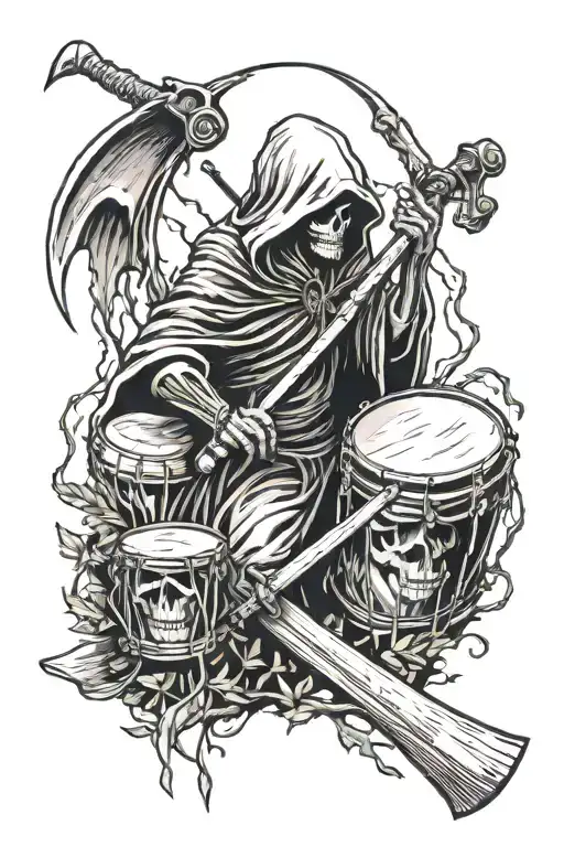 A tattoo of a hooded grim reaper holding drum sticks as a scythe surrounded by broken drum sticks and moss tattoo design idea