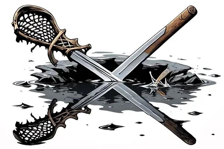 lacrosse stick (BROKEN like the sword narsil) FLAT in a puddle,T he reflection being the actual sword narsil from LOTR tattoo design idea