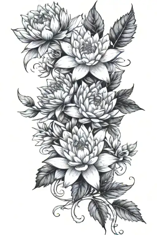 flowers on a vine water lily, aster, daffodil, rose with details going around the flowers and vine and a pretty sunshine tattoo design idea