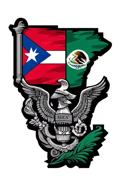 last name (Olveda) with half Puerto Rico flag and half mexico flag combined behind the name  tattoo design idea