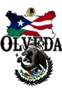 last name (Olveda) with half Puerto Rico flag and half mexico flag combined behind the name  tattoo design idea
