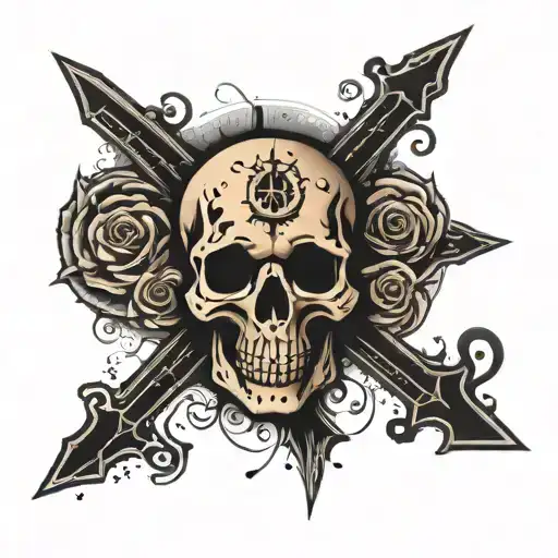 Shadows and Dust in text, Roman font with Skull image in background tattoo design idea