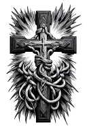 Religious cross with Catholic string tattoo design idea