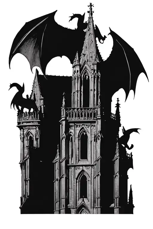 A Gothic tower resembling the Cologne Cathedral, with gargoyles perched on it, featuring bat-like wings. tattoo design idea